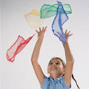 Girl juggling colored scarves; great indoor activity